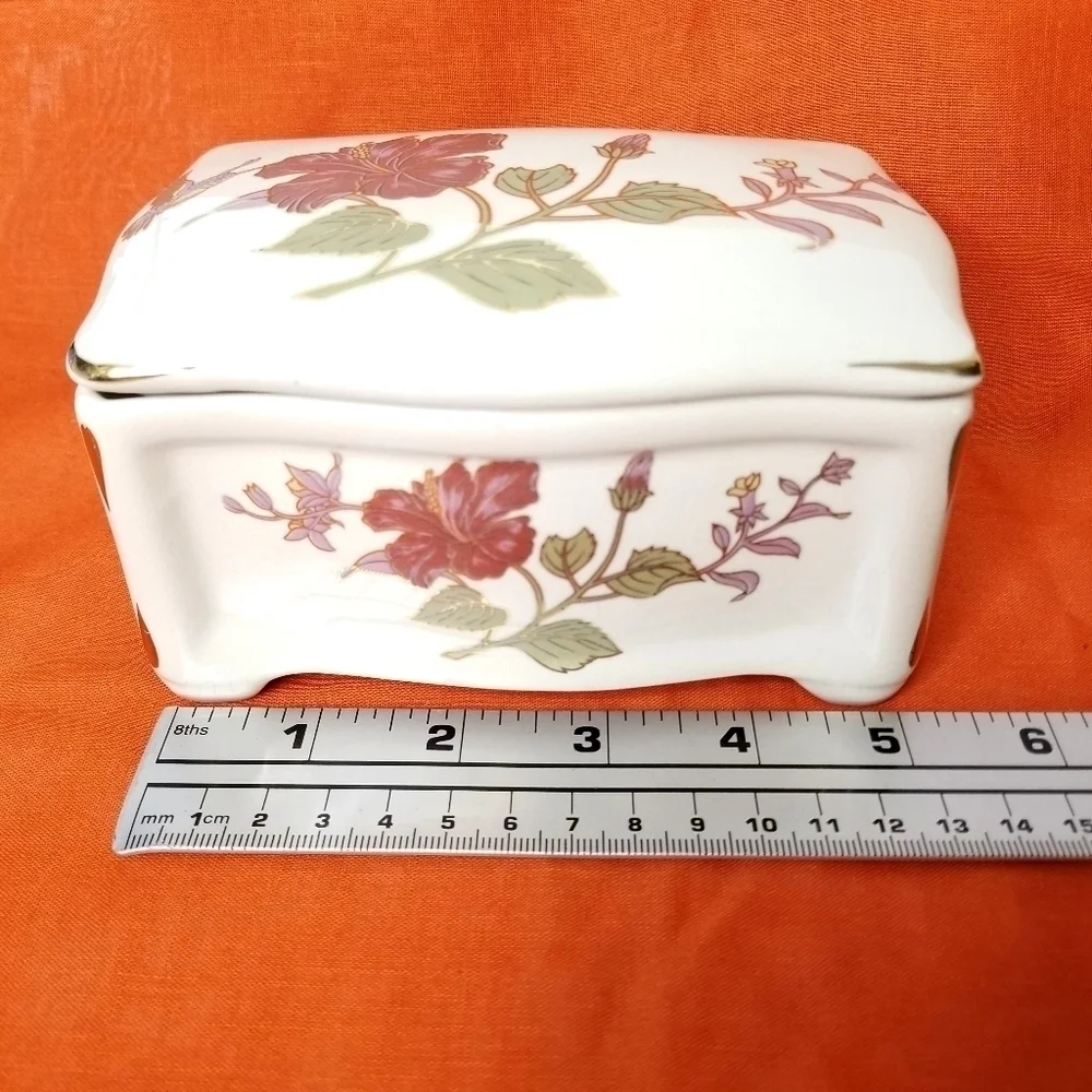 Vintage Colibri Porcelain White Floral Trinket Box, Jewelry Organization Box
